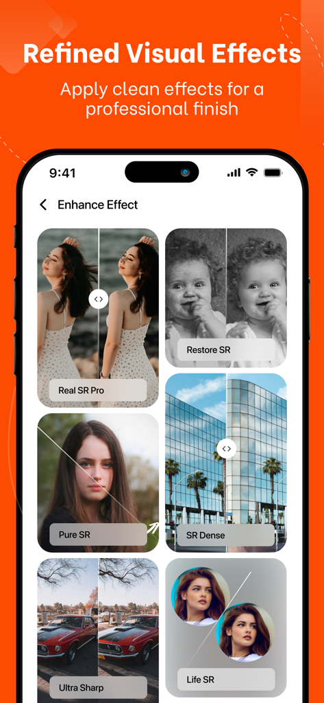 Photo Retouch Remove Objects - Uma tela de aplicativo móvel exibindo múltiplos efeitos de aprimoramento de fotos e filtros para um acabamento profissional