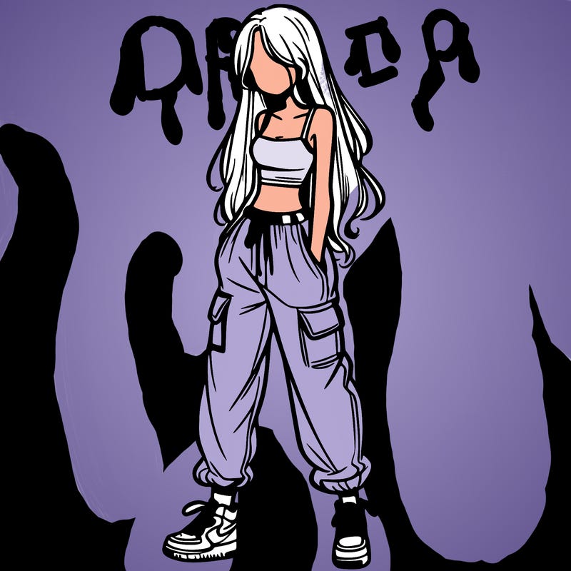 girl in baggy pants crop top and long hair