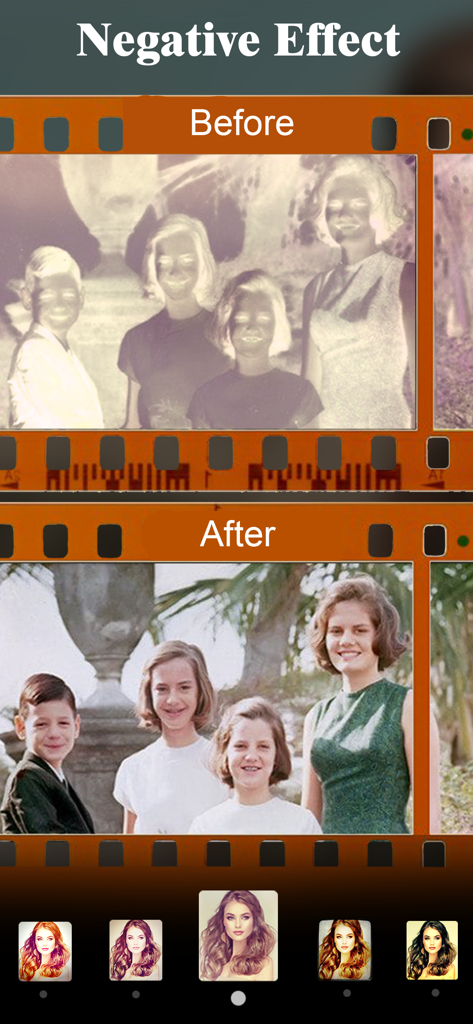 Comparação antes e depois de um negativo de filme convertido em uma foto colorida positiva