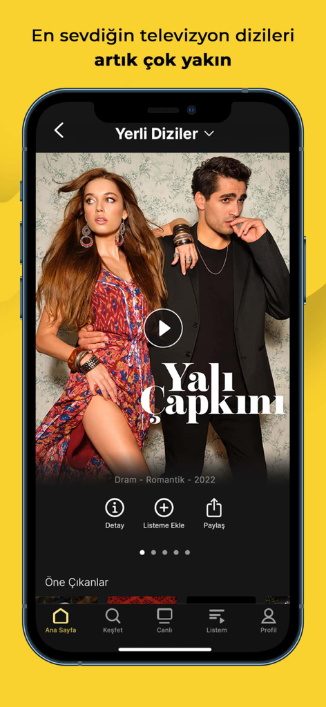 Puhutv mobile app interface showing the popular Turkish drama series Yali Capkini on a smartphone screen.