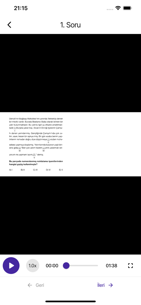 Video player interface in the Video Cepte app displaying a Turkish language question and solution video.
