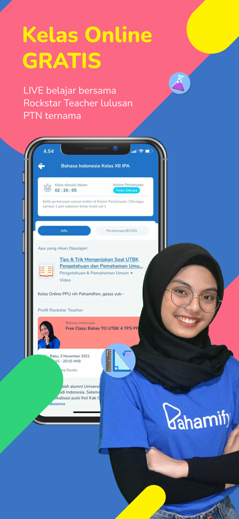 A smartphone screen showing the Pahamify app free online classes interface with a smiling teacher.