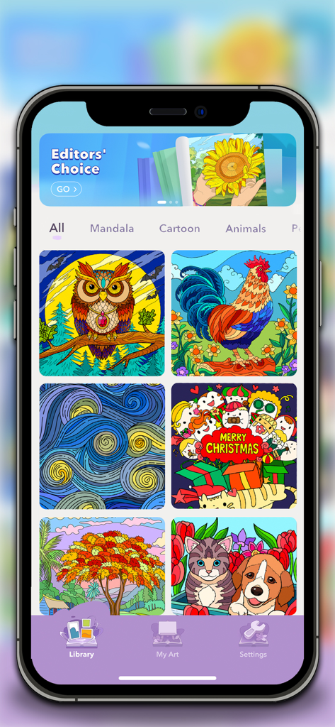 ColorPlanet app interface showing a library of various coloring pages including animals and scenery