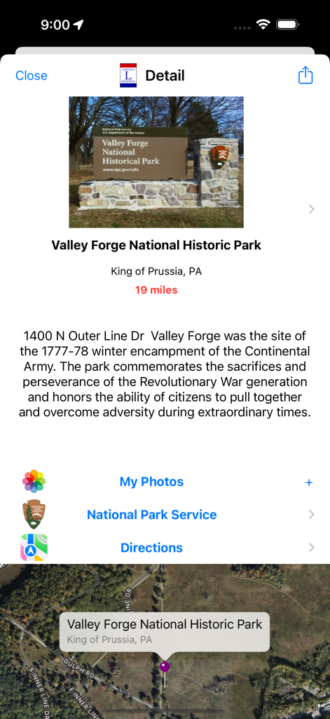 Lincoln Highway - Detail view of Valley Forge National Historic Park in the Lincoln Highway app featuring historical information and navigation links