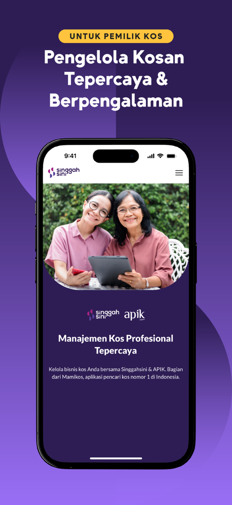Mamikos-Cari & Sewa Kos Mudah - 物件所有者向けのプロフェッショナルな下宿管理サービスを紹介するMamikosアプリのインターフェース