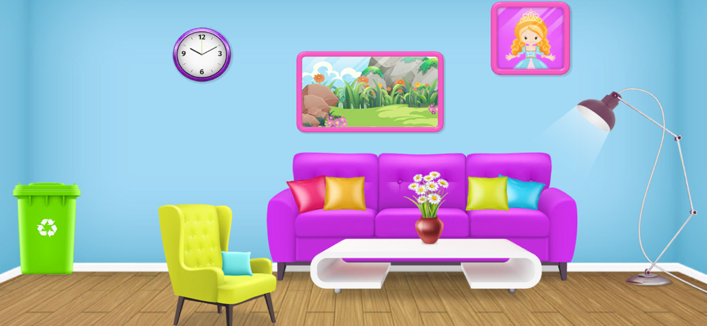 Doll Home: ASMR Cleaning Games - A colorful living room with a purple sofa and green armchair in a dollhouse game