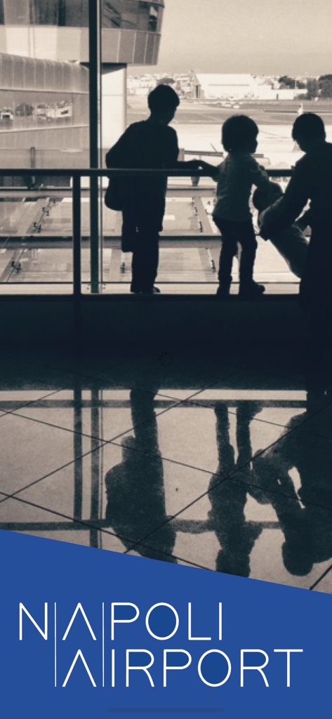 아이들이 활주로를 바라보고 있는 모습과 나폴리 공항 로고가 표시된 나폴리 국제공항 앱의 스플래시 화면.