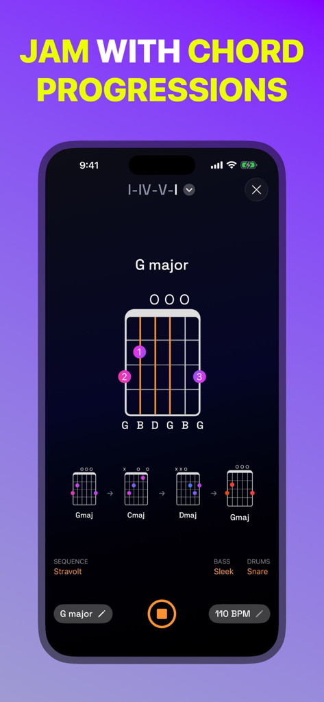 Guitar Wiz app interface displaying an interactive chord progression and a G major chord diagram.