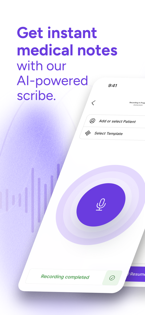Freed app interface showing a recording completed screen for AI generated medical notes.