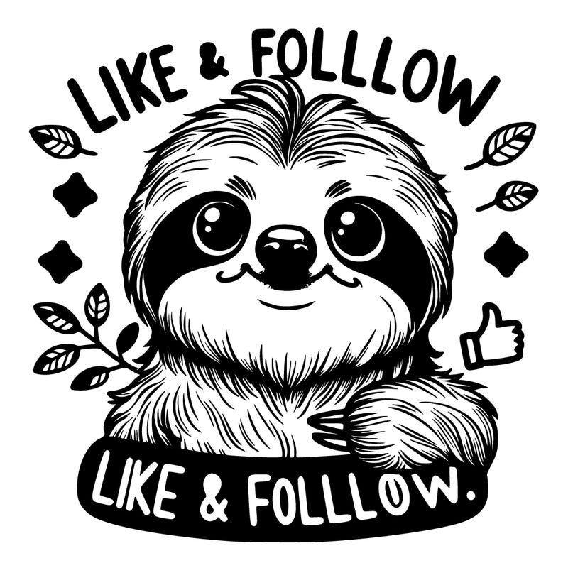 realistic cute sloth saying like and follow