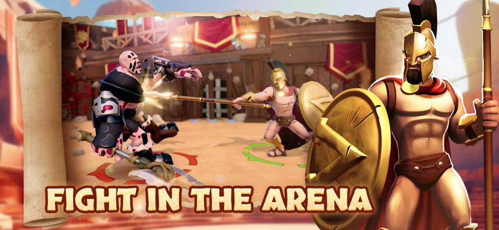 Action scene of gladiators fighting in a roman arena with a heroic warrior in the foreground