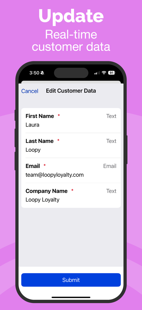 Smartphone screen showing the Edit Customer Data interface in the Loopy Loyalty Stamper app