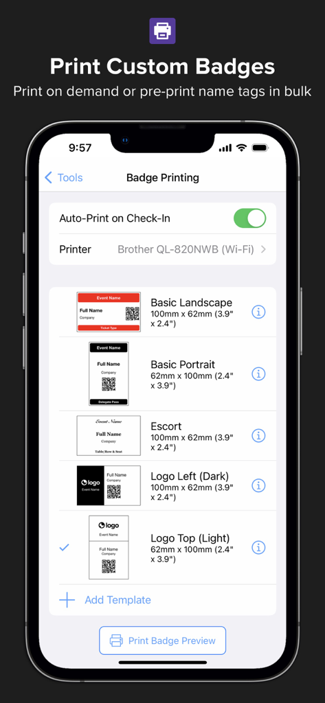 Events & Guest Lists | Diobox - Interface do aplicativo Diobox mostrando modelos de crachás de eventos personalizados e configurações de impressão.