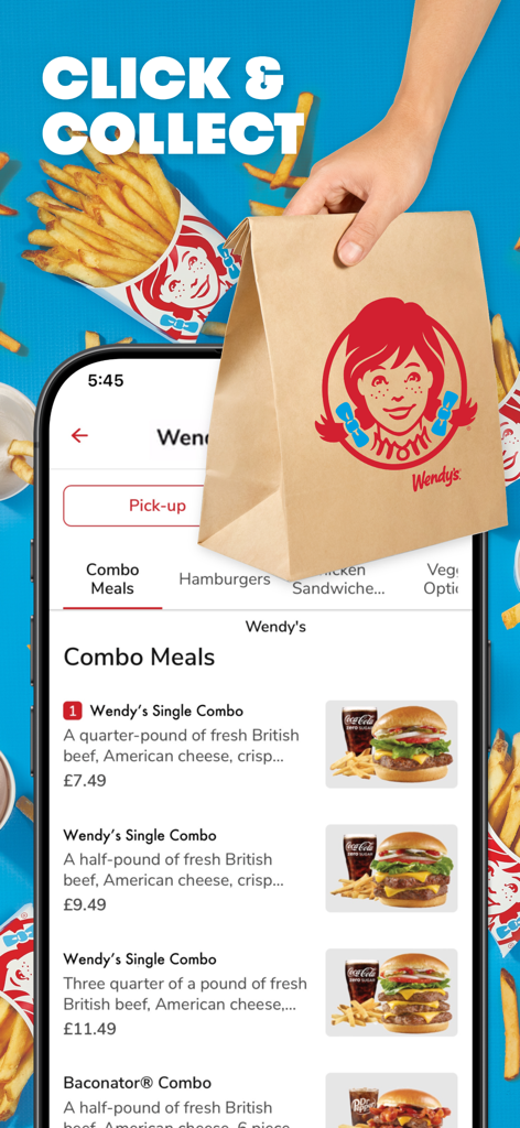 Wendy's UK - Wendy's UK mobile app displaying the combo meals menu with a click and collect handoff illustration