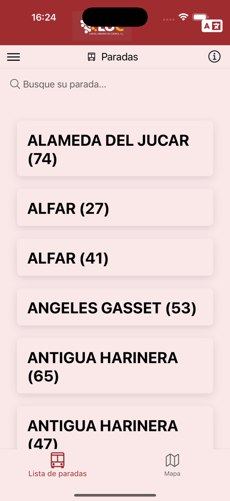 Lineas Urbanas Cuenca - A searchable list of urban bus stops in the Lineas Urbanas Cuenca mobile app interface.