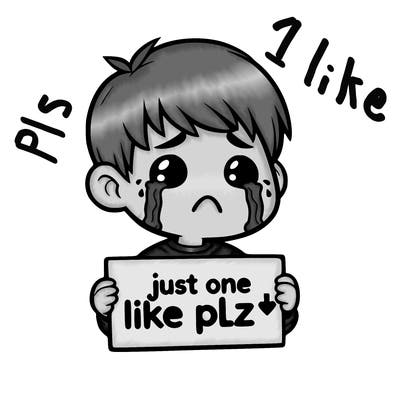 realistic crying boy with a sign saying just one like plz