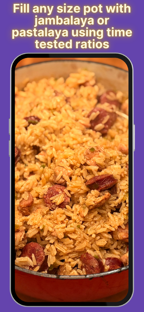 Jambalaya Calculator - A close up photo of authentic jambalaya in a pot with text highlighting time tested cooking ratios for any size pot