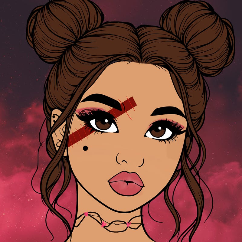 realistic girl with two buns on her hair and lips