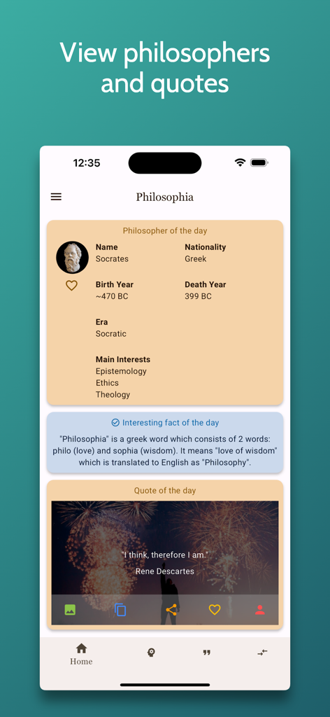 Philosophia - Love of Wisdom - 오늘의 철학자와 일일 명언을 보여주는 필로소피아 앱 홈 화면