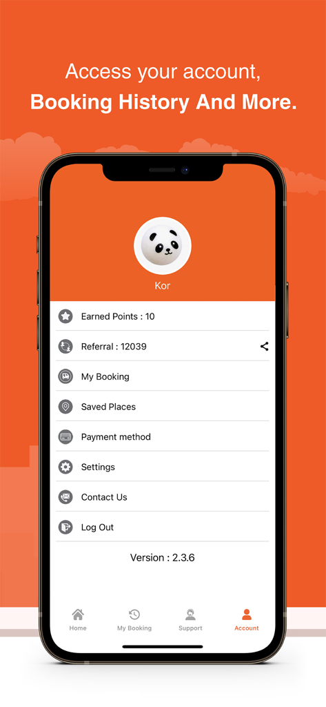 PassApp Taxi and Delivery - Écran du compte utilisateur de l'application PassApp Taxi et Livraison avec les paramètres du profil et l'historique des réservations.