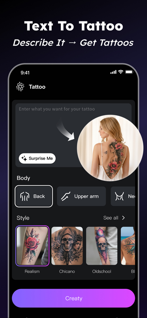 Tattoo AI -Ideal Tattoo Design - La aplicación generadora de tatuajes de IA muestra la función de texto a tatuaje y un diseño floral realista en la espalda
