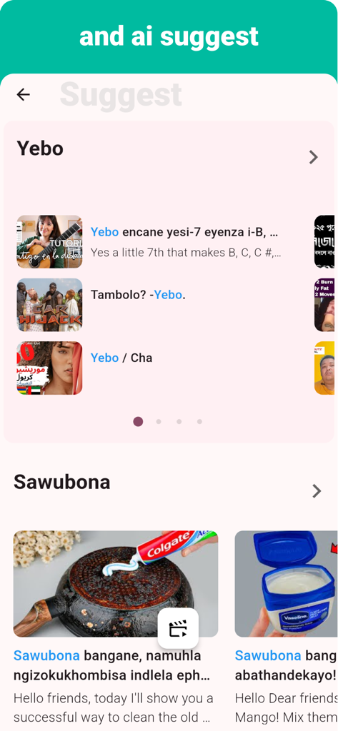Zulu - Listening Speaking - Zulu language learning app interface showing AI suggested video lessons for phrases like Yebo and Sawubona