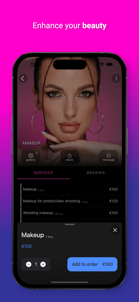 Hey Beauty app interface showing a list of makeup services with prices and an add to order button