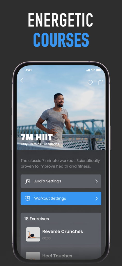Six Pack in 30 Days app interface showing an energetic HIIT workout course with a list of exercises.
