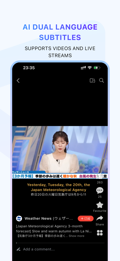 Tube X - Without Ads - Capture d'écran de l'application Tube X montrant la fonctionnalité de sous-titres bilingues IA sur une diffusion d'actualités en direct.
