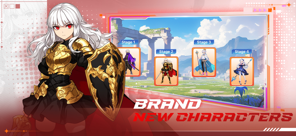 A showcase of brand new anime characters in Forestia Legends featuring a female knight in golden armor against a scenic fantasy landscape