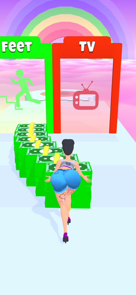 Twerk Master - A character in Twerk Master collecting stacks of money on a colorful track with choice gates