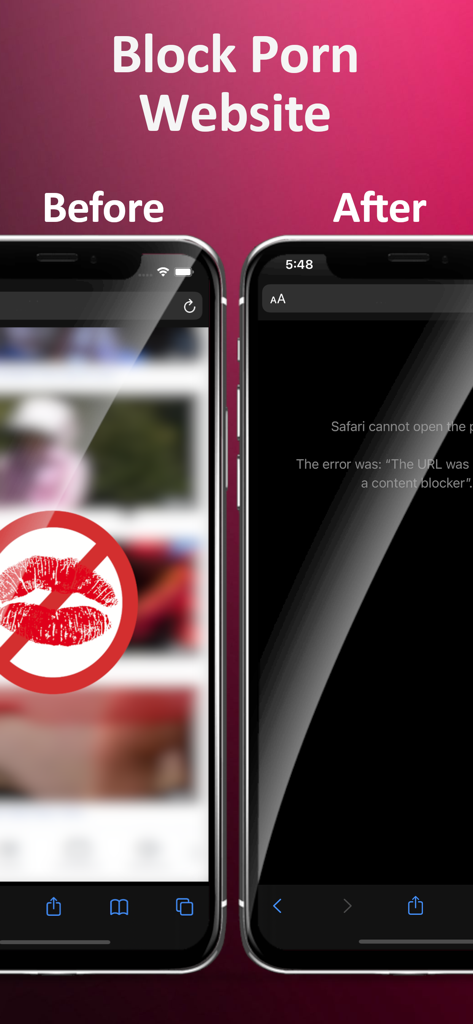 Anti-Porn - Adult Porn Blocker - A before and after comparison of a blurred adult website and a blocked screen in Safari