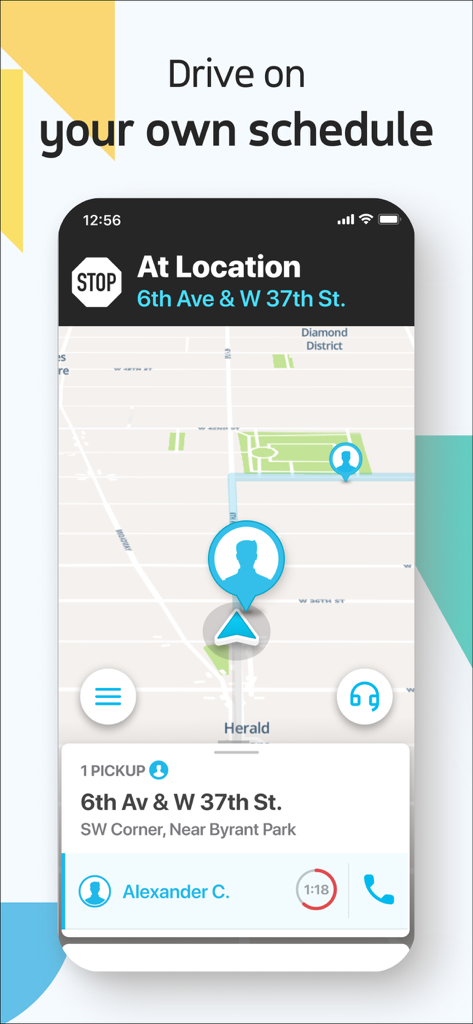 Via Driver - Interface de l'application Via Driver affichant une carte de navigation et une demande de prise en charge à un coin de rue de la ville.