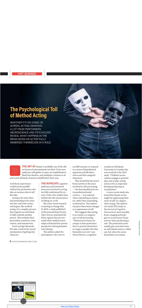 An article in the Discover Magazine app titled The Psychological Toll of Method Acting with a photo of a person holding two masks.