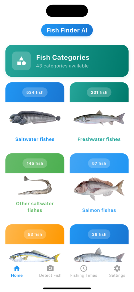Fish Finder AI:Catch Time - Fish Finder AI app home screen showing various fish categories including saltwater and freshwater species