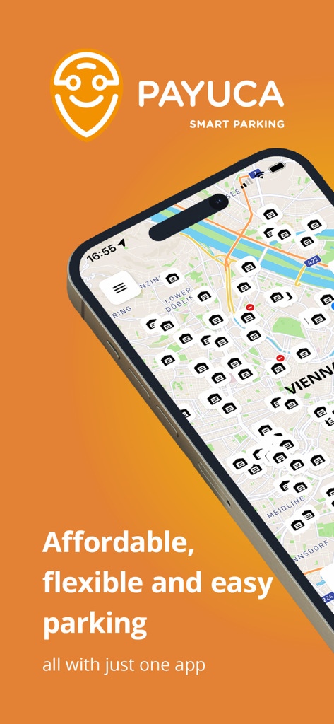 PAYUCA Smart Parking - PAYUCA Smart Parking mobile app screen showing a map with available parking garages in Vienna