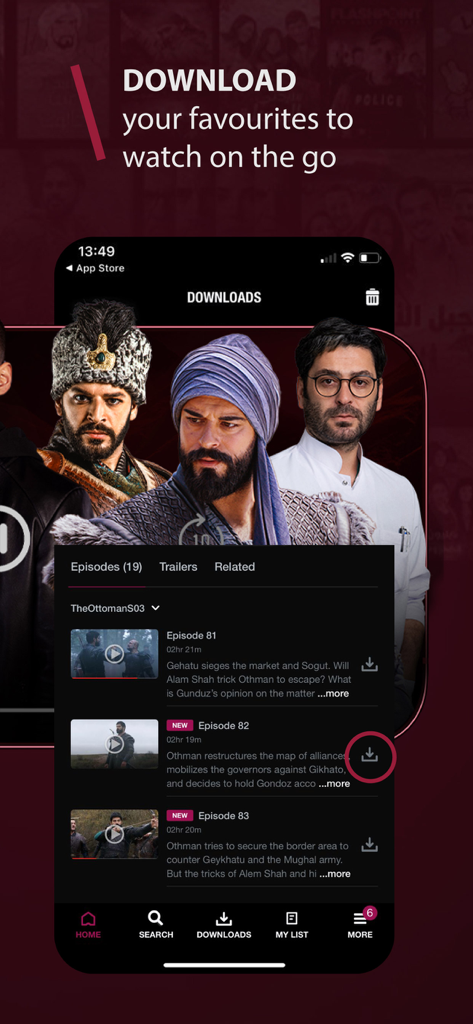 Noor Play - Interfaccia dell'app Noor Play che mostra un elenco di episodi di drammi storici disponibili per la visione offline.