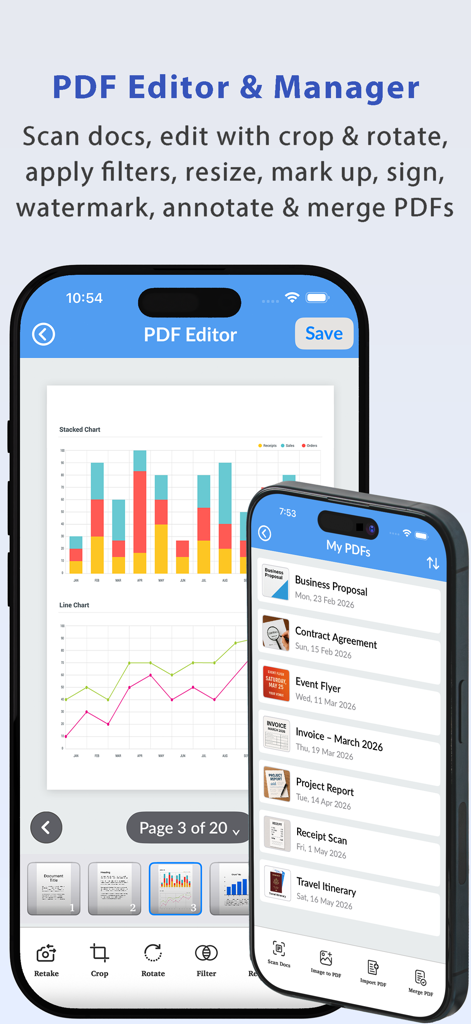 Interfaz de la aplicación móvil NotePad Pro mostrando herramientas de edición de PDF y una lista de documentos PDF gestionados.