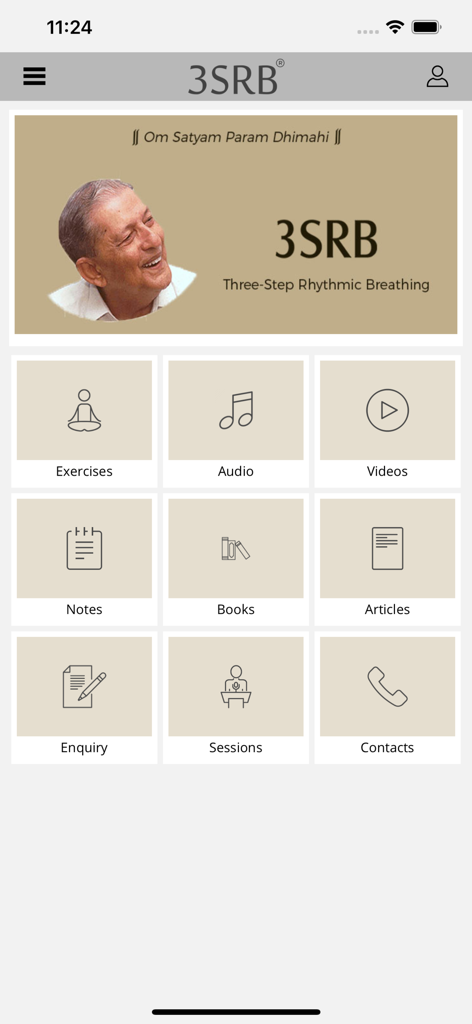 Dashboard of the 3SRB app featuring a grid of menu options including exercises audio and video sessions