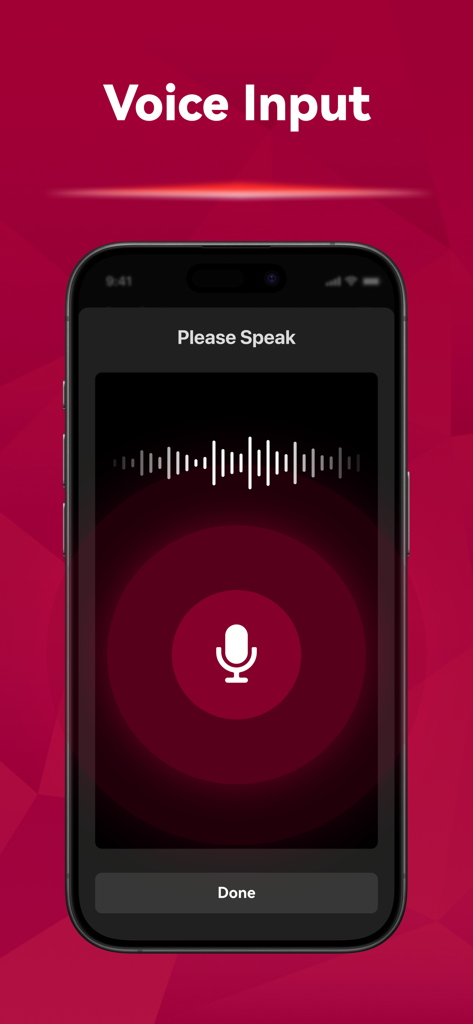 Voice input interface on the Free TV Remote for LG TVs app with a microphone icon and sound wave visualization.