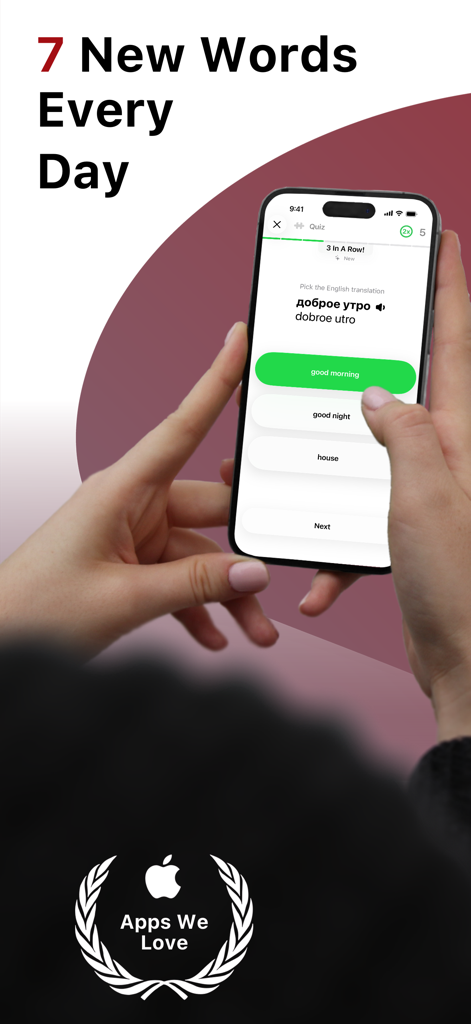 Schermata dello smartphone che mostra un quiz di vocabolario russo sull'app LENGO