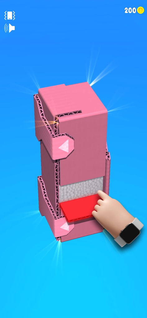 Open The Box - Une main 3D déplie une boîte en carton rose dans le jeu mobile Open The Box