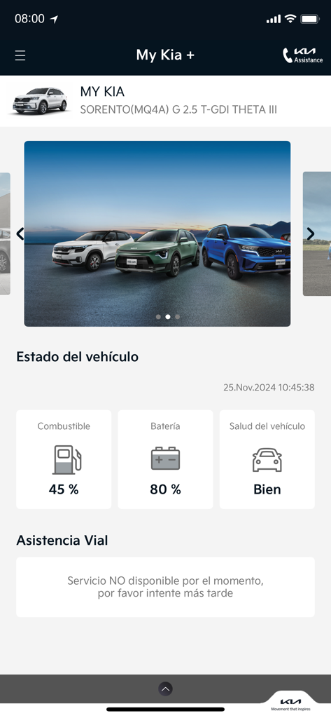 My Kia Plus app interface showing Kia Sorento vehicle status including fuel level battery percentage and health status