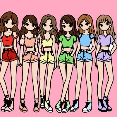 a group of girls wearing crop tops and shorts