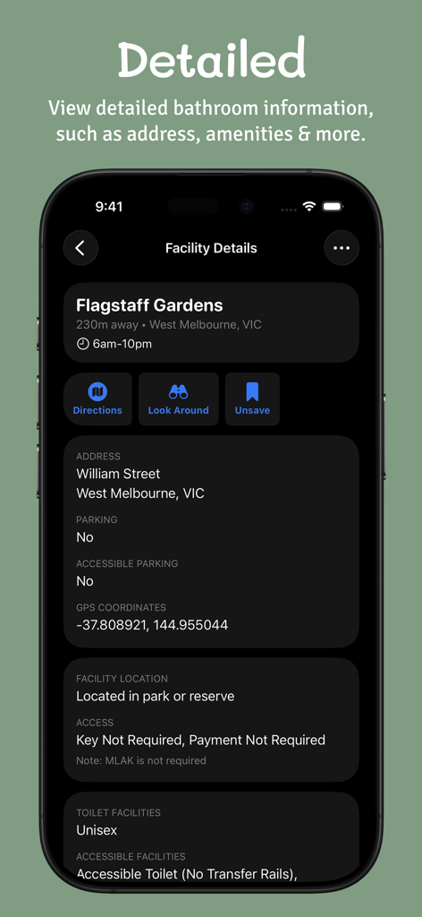 Detailed view of bathroom information in the Public Toilets Australia app including address amenities and access requirements