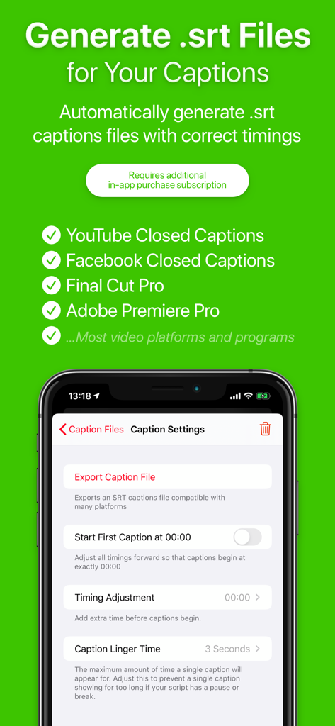 Screen showing SRT caption generation and export settings in the Video Teleprompter app