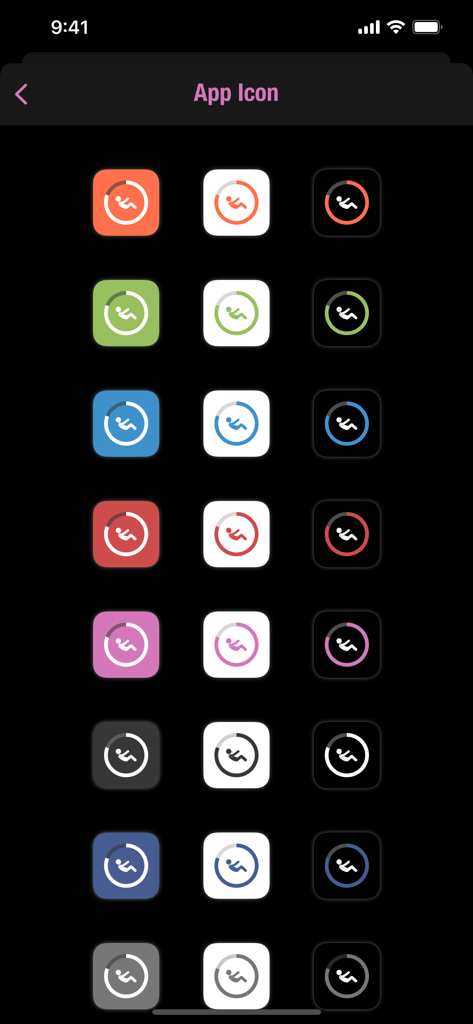 Streaks Workout - A grid of customizable app icon color and style options for the Streaks Workout app