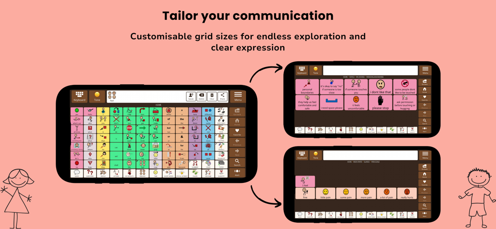 Trois écrans de smartphone affichant différentes tailles de grille et dispositions d'icônes de communication dans l'application Avaz AAC