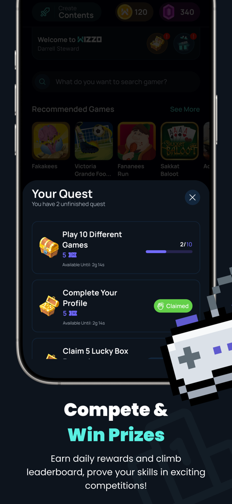 WIZZO app interface displaying user quests and daily rewards for playing mobile games.