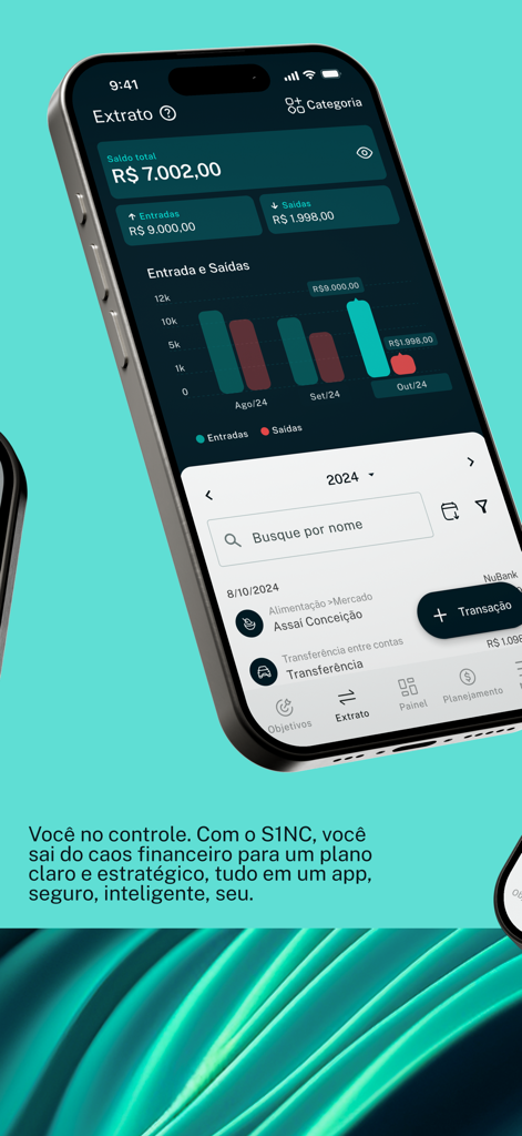 S1NC: Planejamento Financeiro - S1NC app interface showing monthly financial summaries and transaction history on an iPhone